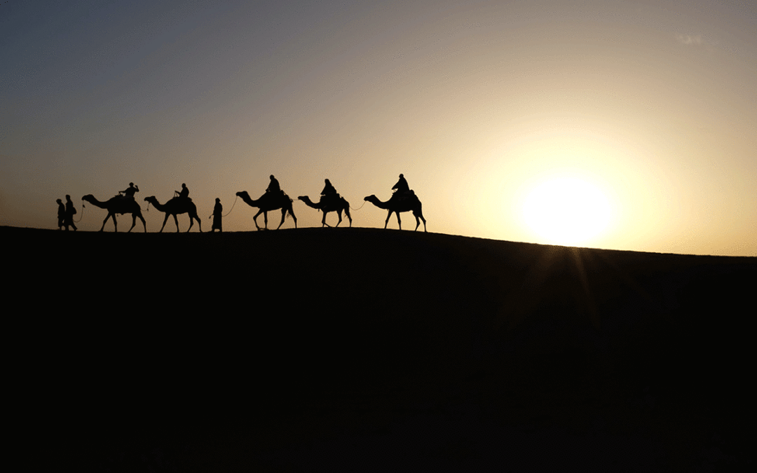 A caravan of travelers on Camels is silhouetted in the desert.